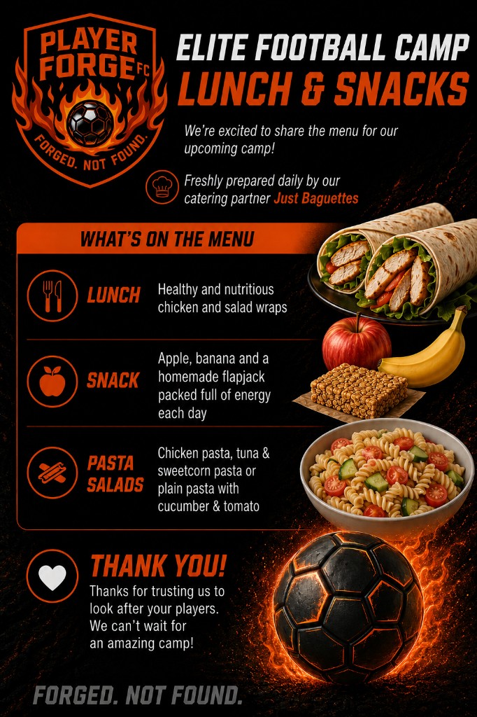 Elite Football Camp lunch and snacks menu — wraps, fruit, flapjack and pasta salads from Just Baguettes