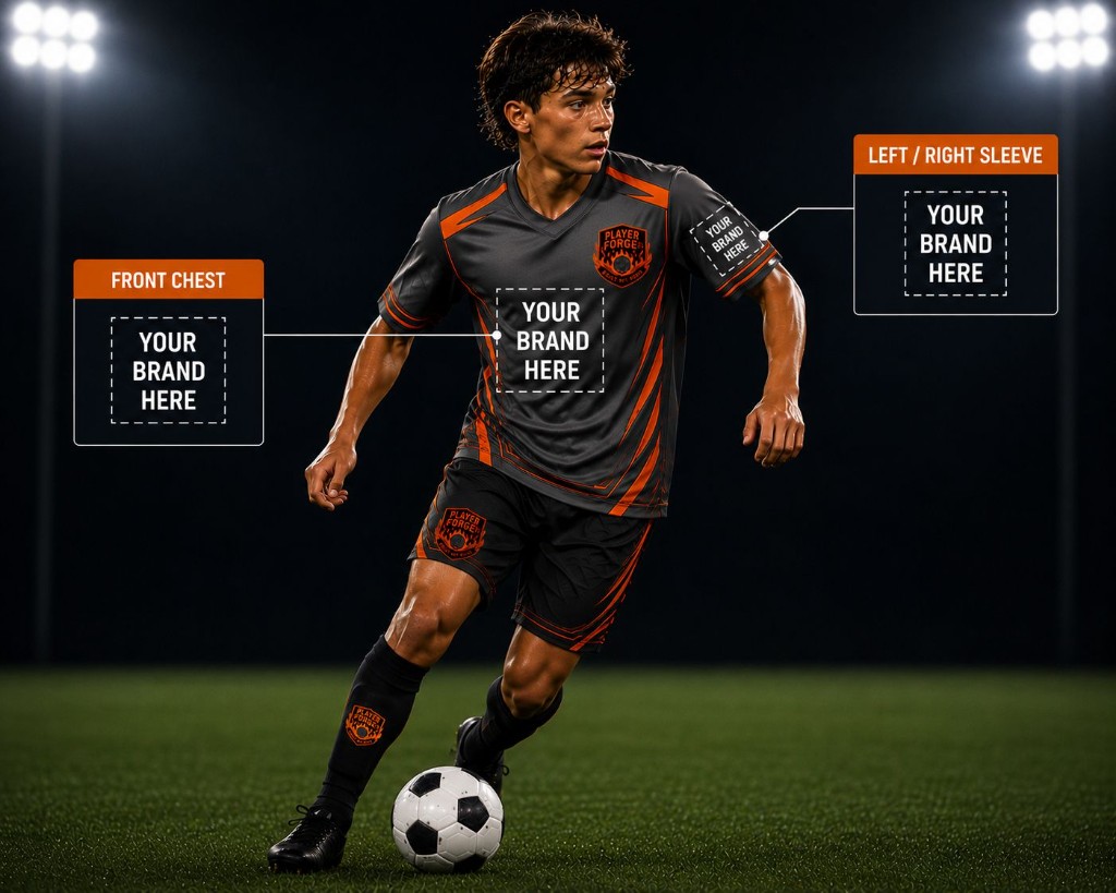 Player Forge kit sponsorship placement options for front chest and left or right sleeve sponsors